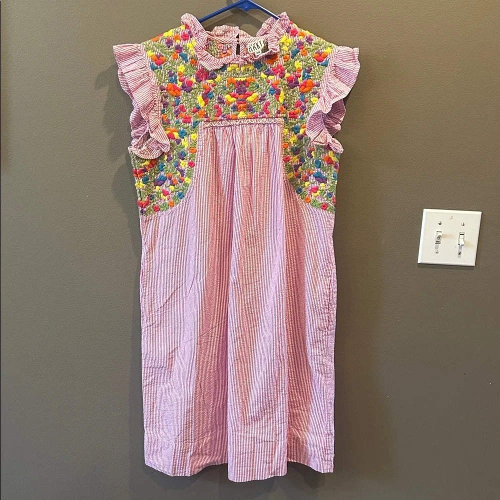 Sister Mary Floral Embroidered Seersucker Dress Cottagecore Boho Womens Sm - Picture 1 of 7